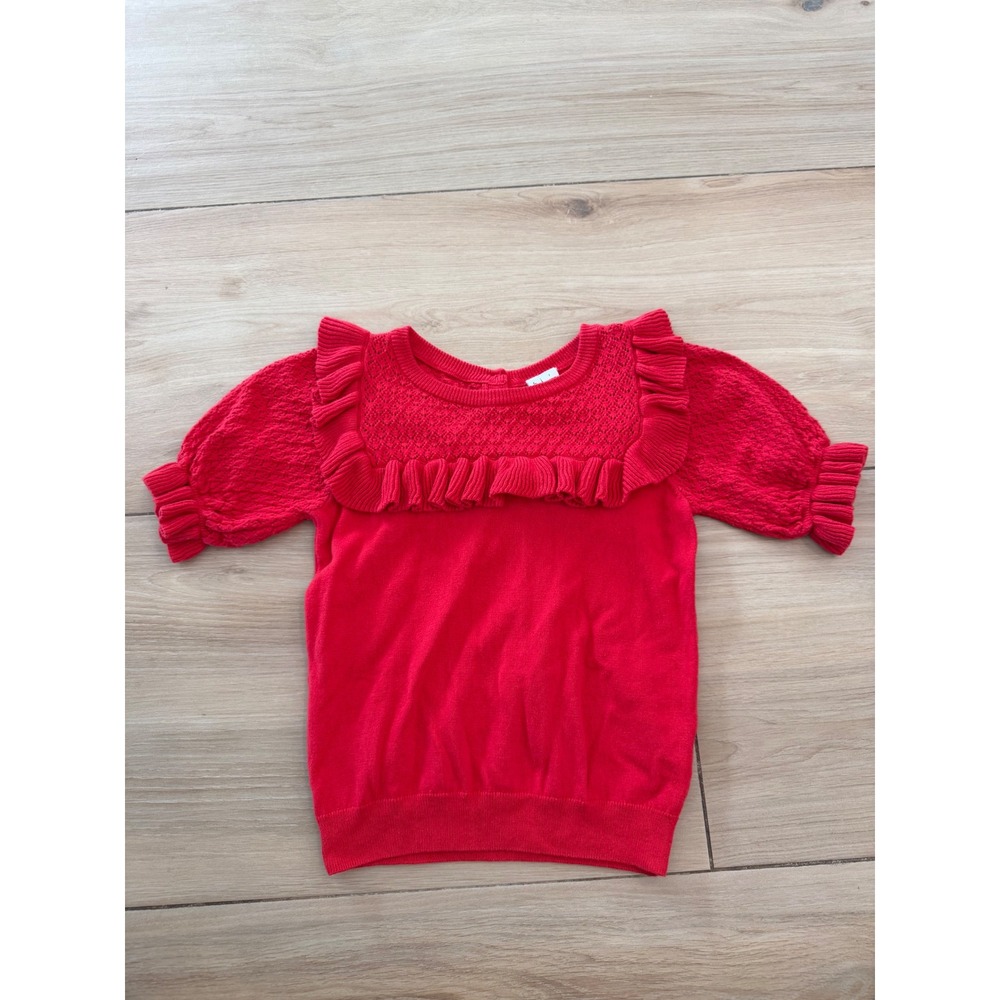 Janie and Jack Girls Red Pointelle Ruffle Puff Sleeve Knit Sweater Top Size 7